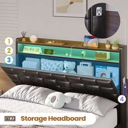 ADORNEVE Lift Up Storage Twin Bed Frame with Type-C Charging Station and Hidden Storage Headboard LED Upholstered Platform Bed with Hydraulic