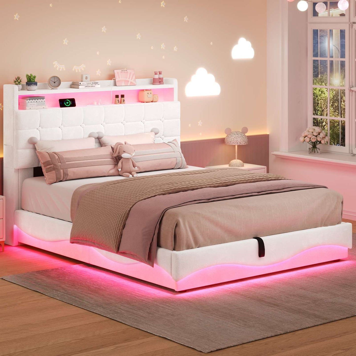 ADORNEVE Lift Up Storage Twin Bed Frame with Type-C Charging Station and Hidden Storage Headboard LED Upholstered Platform Bed with Hydraulic