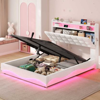 ADORNEVE Lift Up Storage Twin Bed Frame with Type-C Charging Station and Hidden Storage Headboard LED Upholstered Platform Bed with Hydraulic