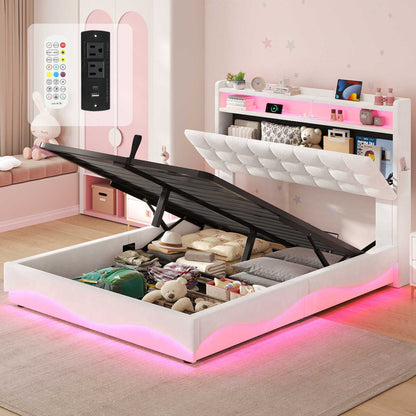 ADORNEVE Lift Up Storage Twin Bed Frame with Type-C Charging Station and Hidden Storage Headboard LED Upholstered Platform Bed with Hydraulic