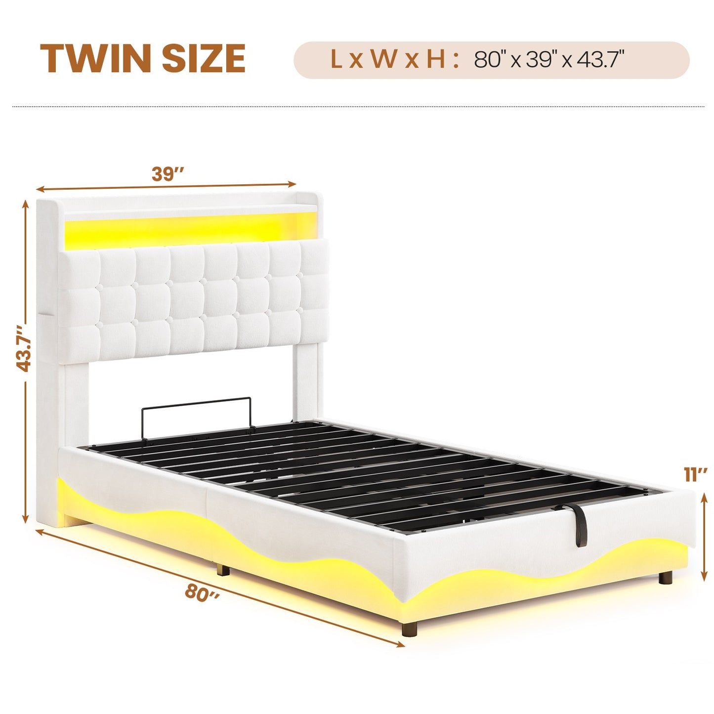 ADORNEVE Lift Up Storage Twin Bed Frame with Type-C Charging Station and Hidden Storage Headboard LED Upholstered Platform Bed with Hydraulic