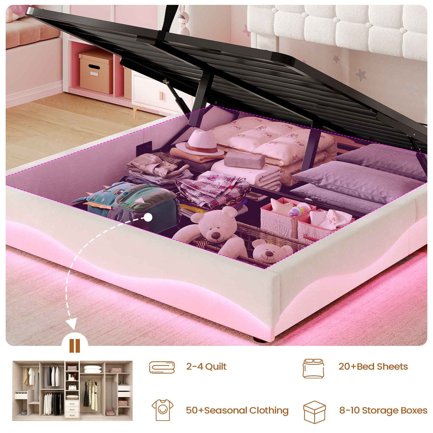 ADORNEVE Lift Up Storage Twin Bed Frame with Type-C Charging Station and Hidden Storage Headboard LED Upholstered Platform Bed with Hydraulic