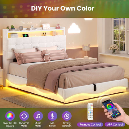 ADORNEVE Lift Up Storage Twin Bed Frame with Type-C Charging Station and Hidden Storage Headboard LED Upholstered Platform Bed with Hydraulic