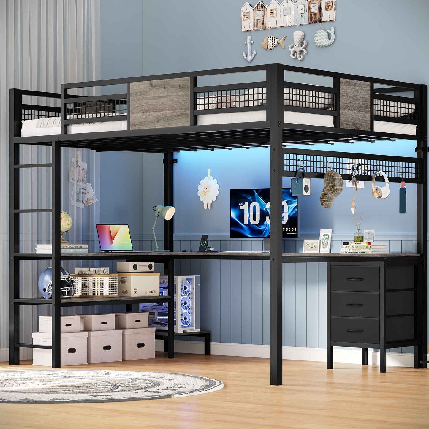 ADORNEVE Loft Bed Full Size with L-Shaped Desk and 3 Storage Drawers 3 Storage Shelves Metal LED Loft Bed Frame with Safety Guardrail Ladders and  Power Outlet