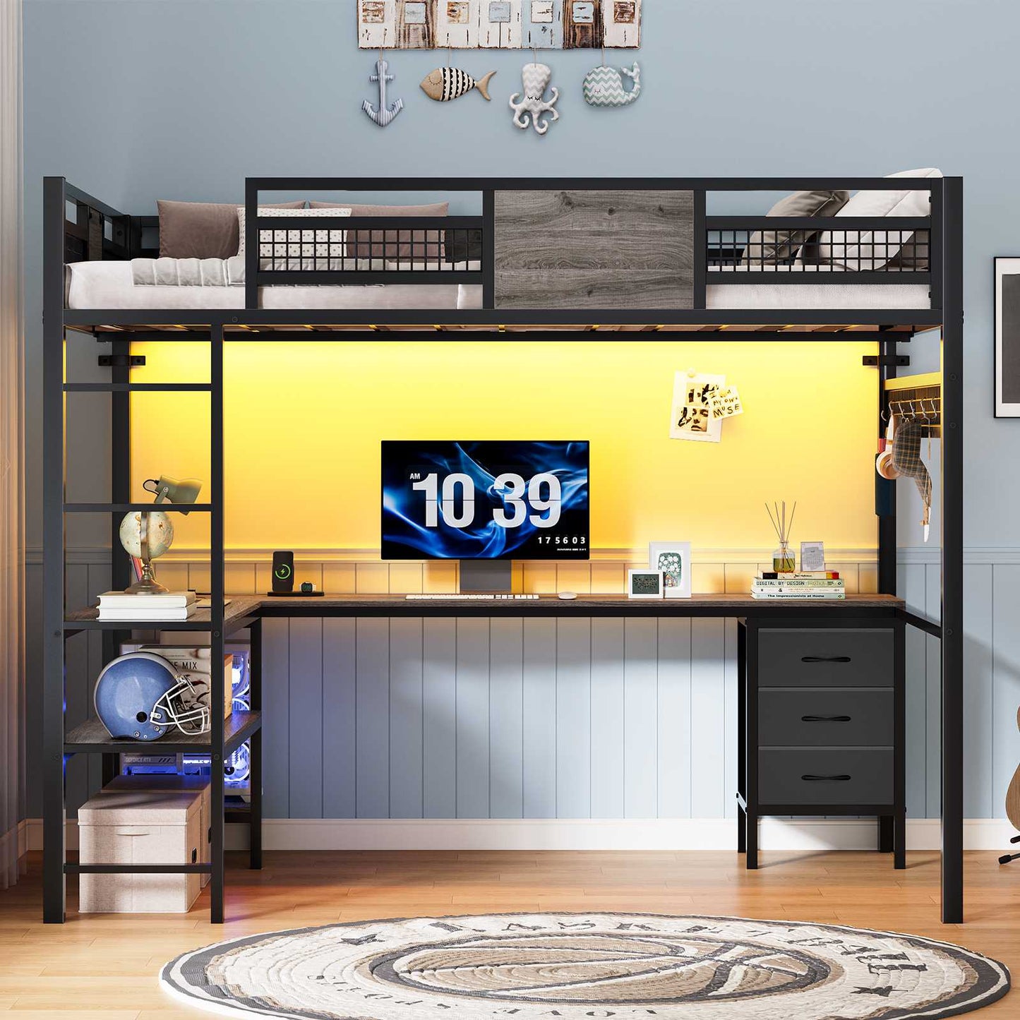 ADORNEVE Loft Bed Full Size with L-Shaped Desk and 3 Storage Drawers 3 Storage Shelves Metal LED Loft Bed Frame with Safety Guardrail Ladders and  Power Outlet