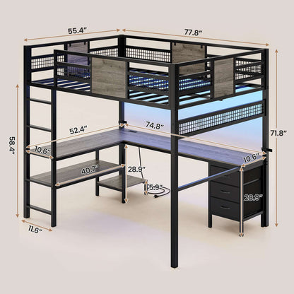 ADORNEVE Loft Bed Full Size with L-Shaped Desk and 3 Storage Drawers 3 Storage Shelves Metal LED Loft Bed Frame with Safety Guardrail Ladders and  Power Outlet