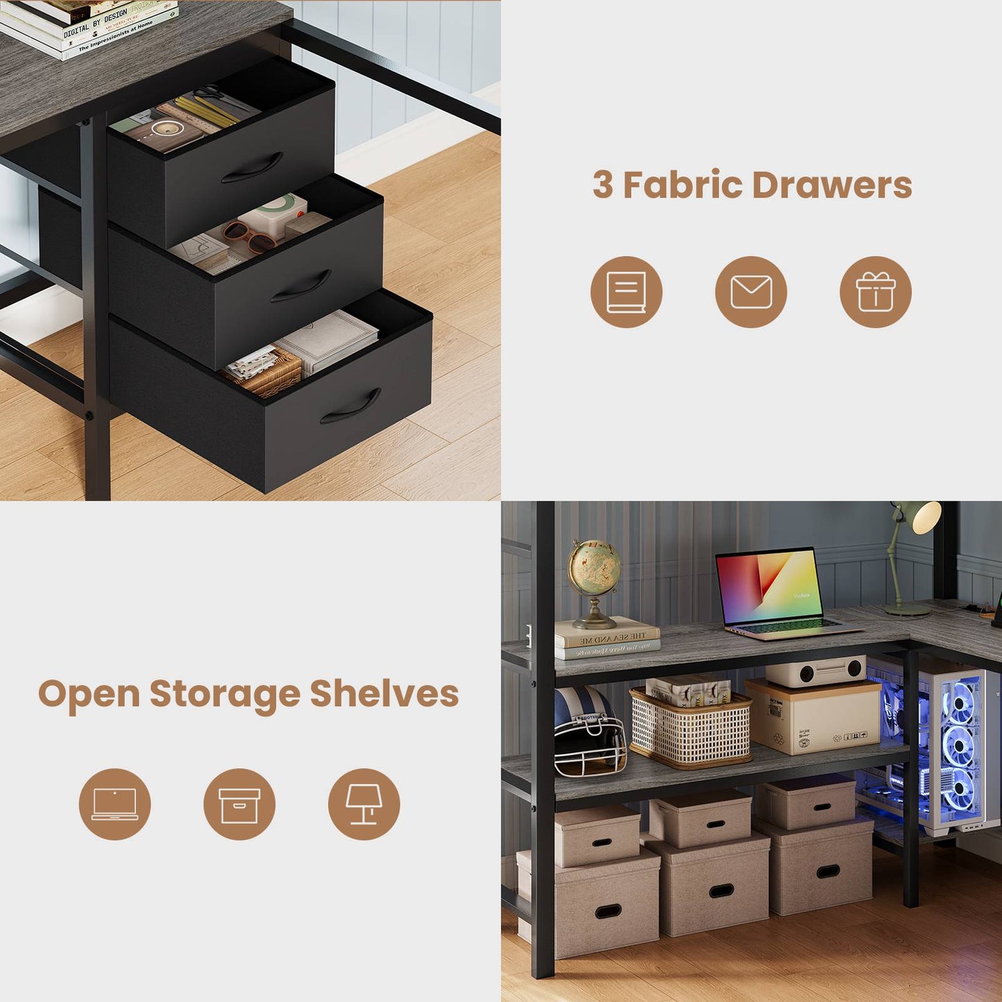 ADORNEVE Loft Bed Full Size with L-Shaped Desk and 3 Storage Drawers 3 Storage Shelves Metal LED Loft Bed Frame with Safety Guardrail Ladders and  Power Outlet
