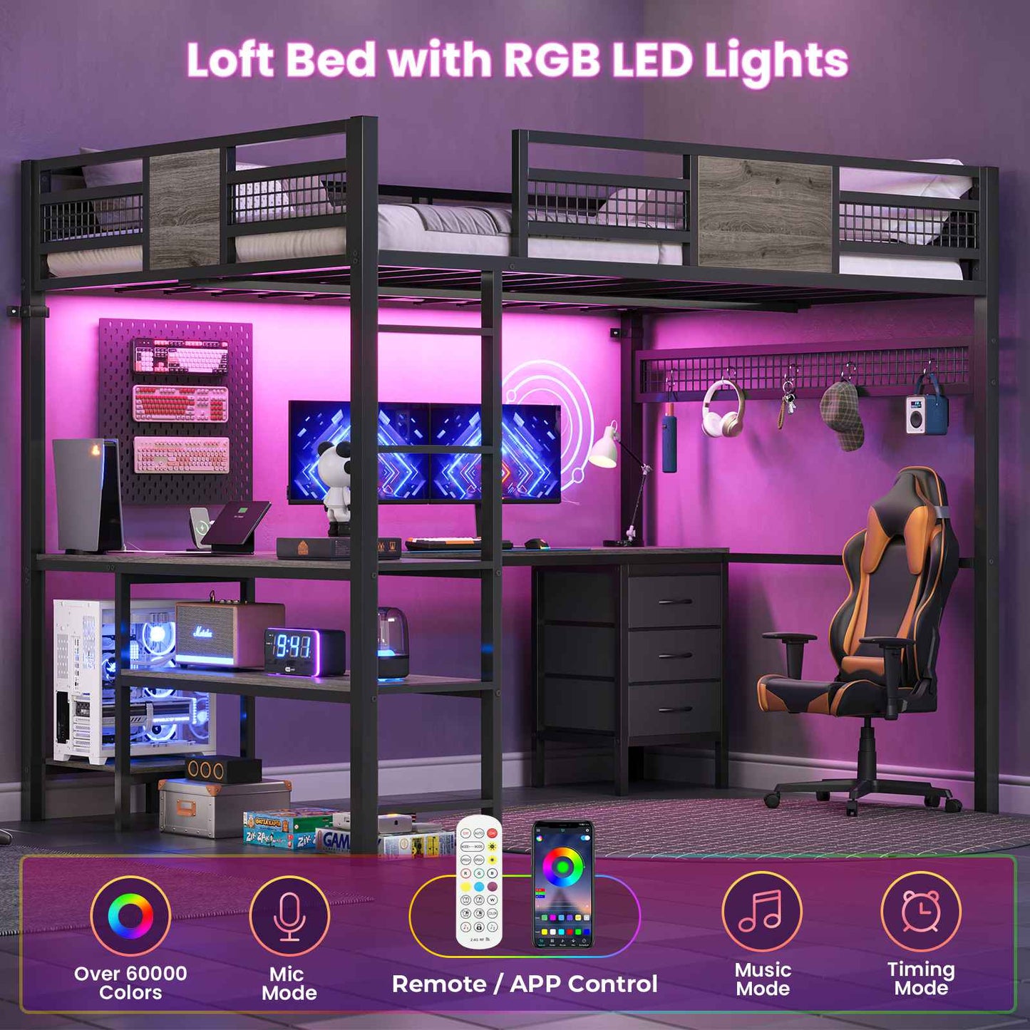 ADORNEVE Loft Bed Full Size with L-Shaped Desk and 3 Storage Drawers 3 Storage Shelves Metal LED Loft Bed Frame with Safety Guardrail Ladders and  Power Outlet