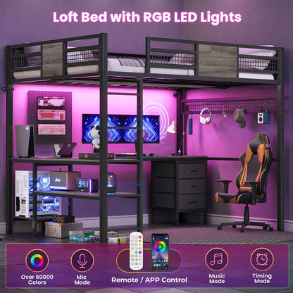 ADORNEVE Loft Bed Full Size with L-Shaped Desk and 3 Storage Drawers 3 Storage Shelves Metal LED Loft Bed Frame with Safety Guardrail Ladders and  Power Outlet