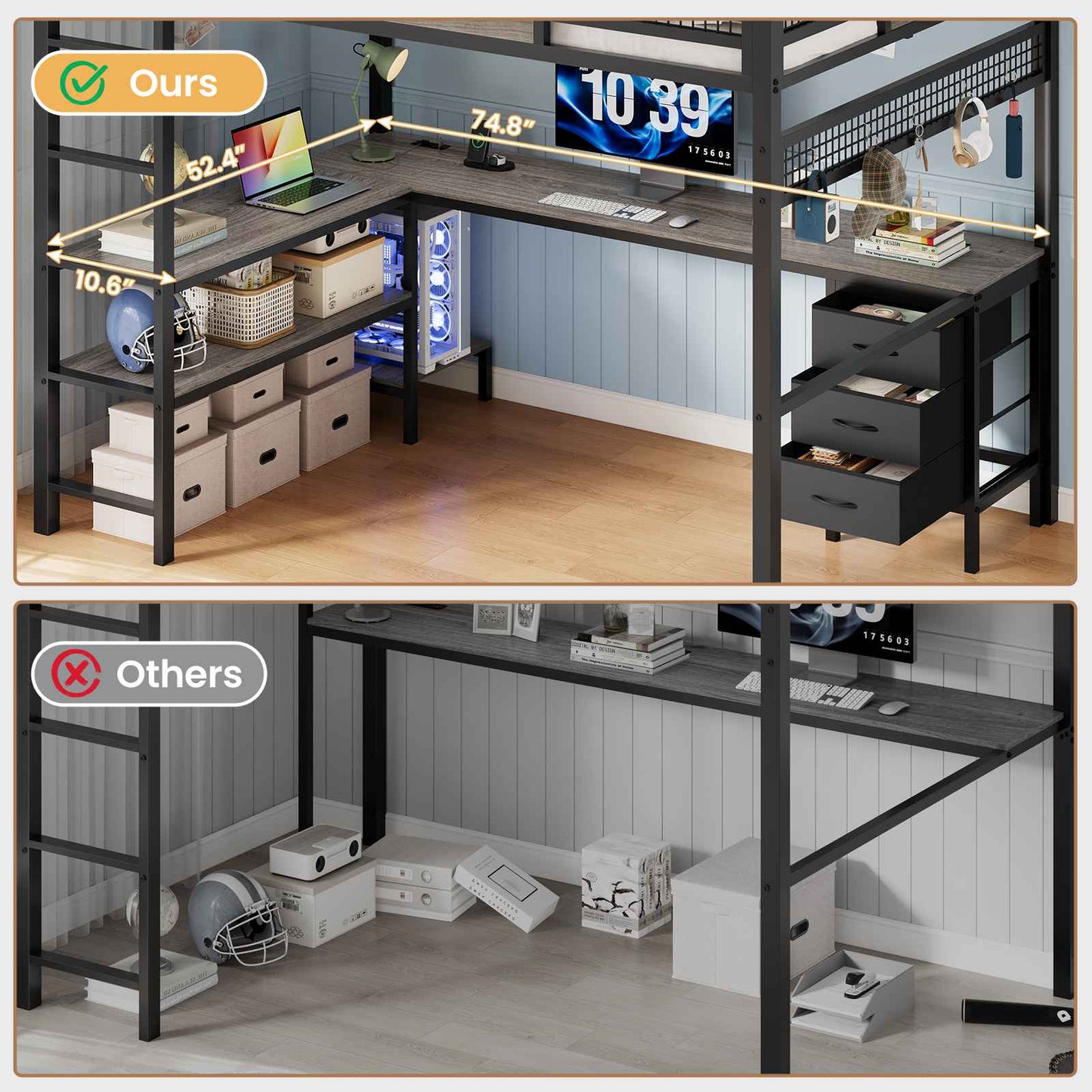 ADORNEVE Loft Bed Full Size with L-Shaped Desk and 3 Storage Drawers 3 Storage Shelves Metal LED Loft Bed Frame with Safety Guardrail Ladders and  Power Outlet