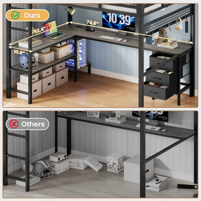 ADORNEVE Loft Bed Full Size with L-Shaped Desk and 3 Storage Drawers 3 Storage Shelves Metal LED Loft Bed Frame with Safety Guardrail Ladders and  Power Outlet