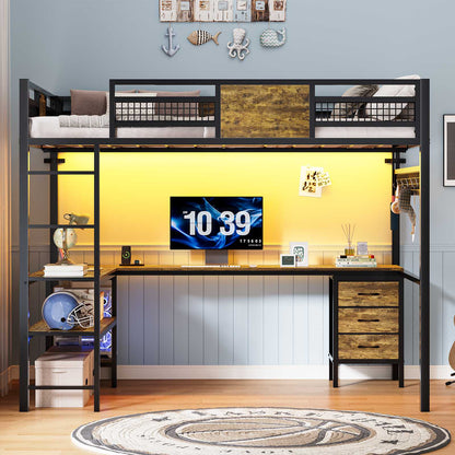 ADORNEVE Loft Bed Full Size with L-Shaped Desk and 3 Storage Drawers 3 Storage Shelves Metal LED Loft Bed Frame with Safety Guardrail Ladders and  Power Outlet