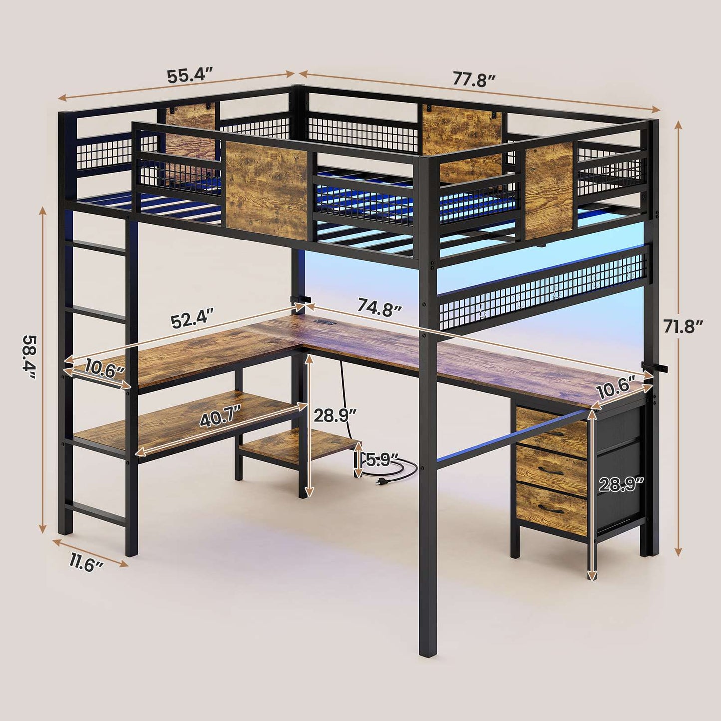 ADORNEVE Loft Bed Full Size with L-Shaped Desk and 3 Storage Drawers 3 Storage Shelves Metal LED Loft Bed Frame with Safety Guardrail Ladders and  Power Outlet