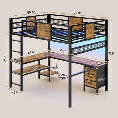 ADORNEVE Loft Bed Full Size with L-Shaped Desk and 3 Storage Drawers 3 Storage Shelves Metal LED Loft Bed Frame with Safety Guardrail Ladders and  Power Outlet