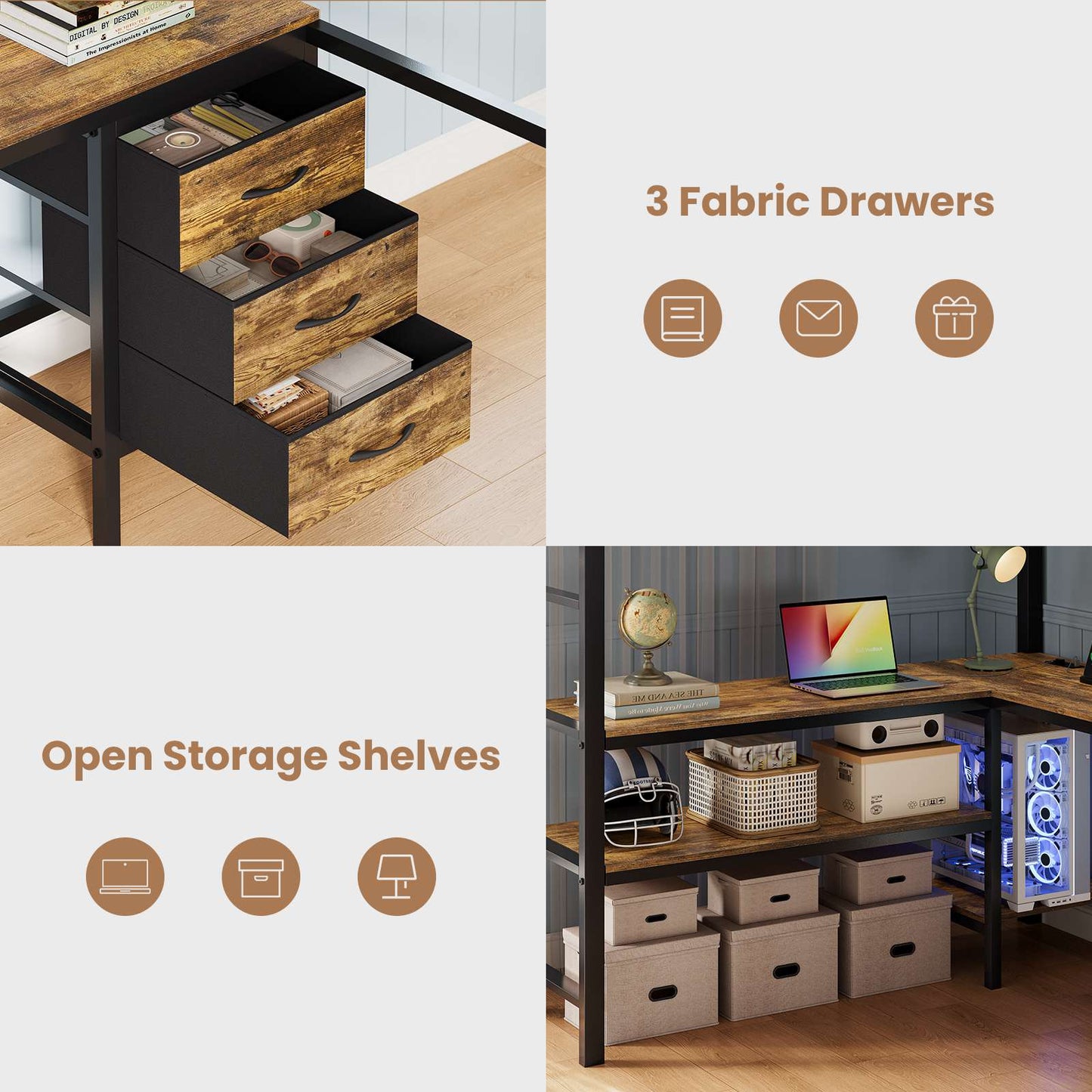 ADORNEVE Loft Bed Full Size with L-Shaped Desk and 3 Storage Drawers 3 Storage Shelves Metal LED Loft Bed Frame with Safety Guardrail Ladders and  Power Outlet