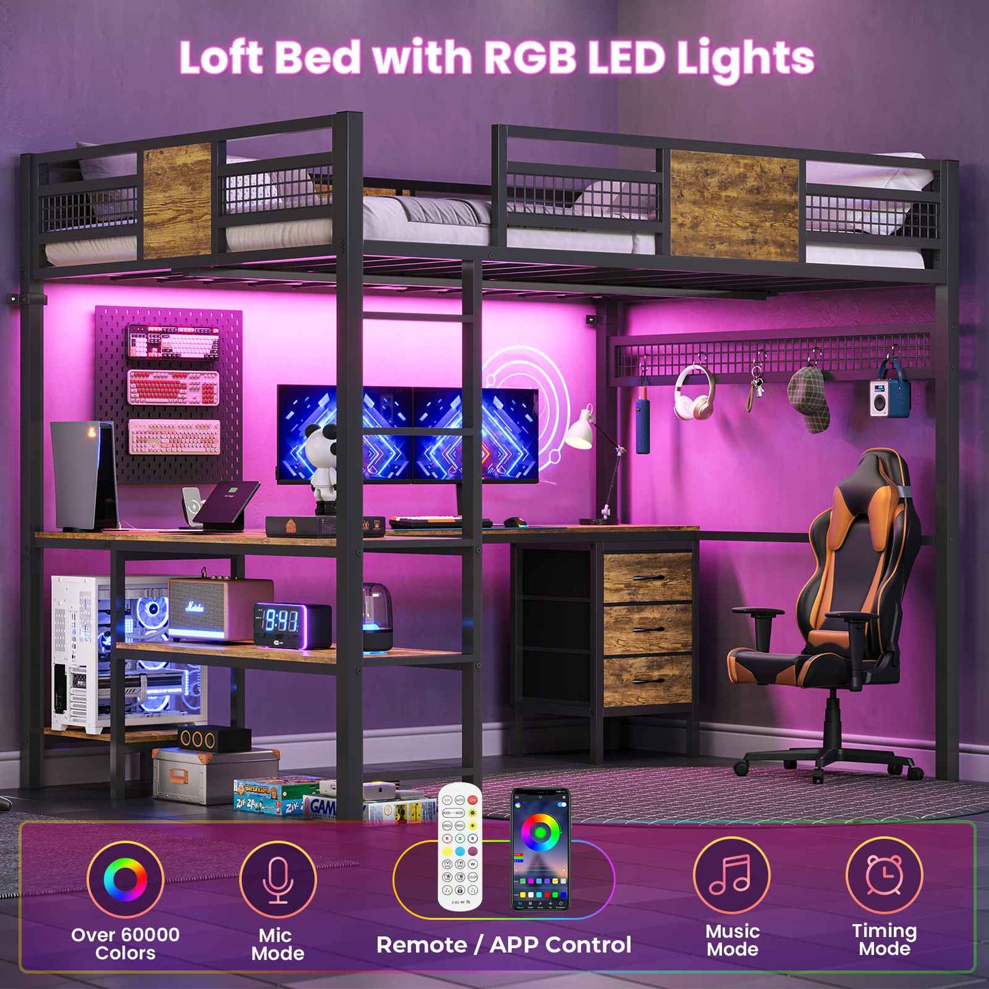 ADORNEVE Loft Bed Full Size with L-Shaped Desk and 3 Storage Drawers 3 Storage Shelves Metal LED Loft Bed Frame with Safety Guardrail Ladders and  Power Outlet