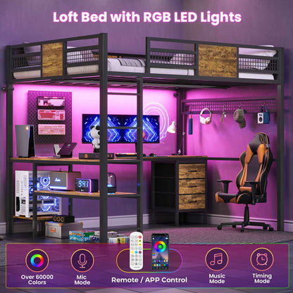 ADORNEVE Loft Bed Full Size with L-Shaped Desk and 3 Storage Drawers 3 Storage Shelves Metal LED Loft Bed Frame with Safety Guardrail Ladders and  Power Outlet