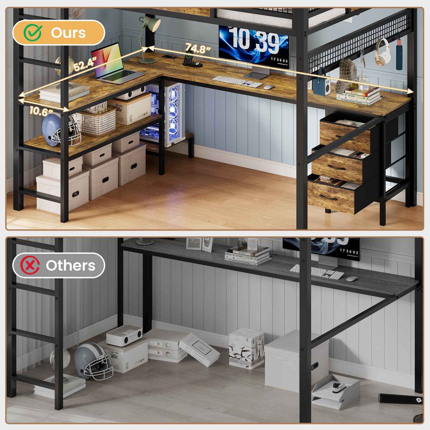 ADORNEVE Loft Bed Full Size with L-Shaped Desk and 3 Storage Drawers 3 Storage Shelves Metal LED Loft Bed Frame with Safety Guardrail Ladders and  Power Outlet
