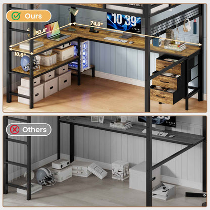 ADORNEVE Loft Bed Full Size with L-Shaped Desk and 3 Storage Drawers 3 Storage Shelves Metal LED Loft Bed Frame with Safety Guardrail Ladders and  Power Outlet