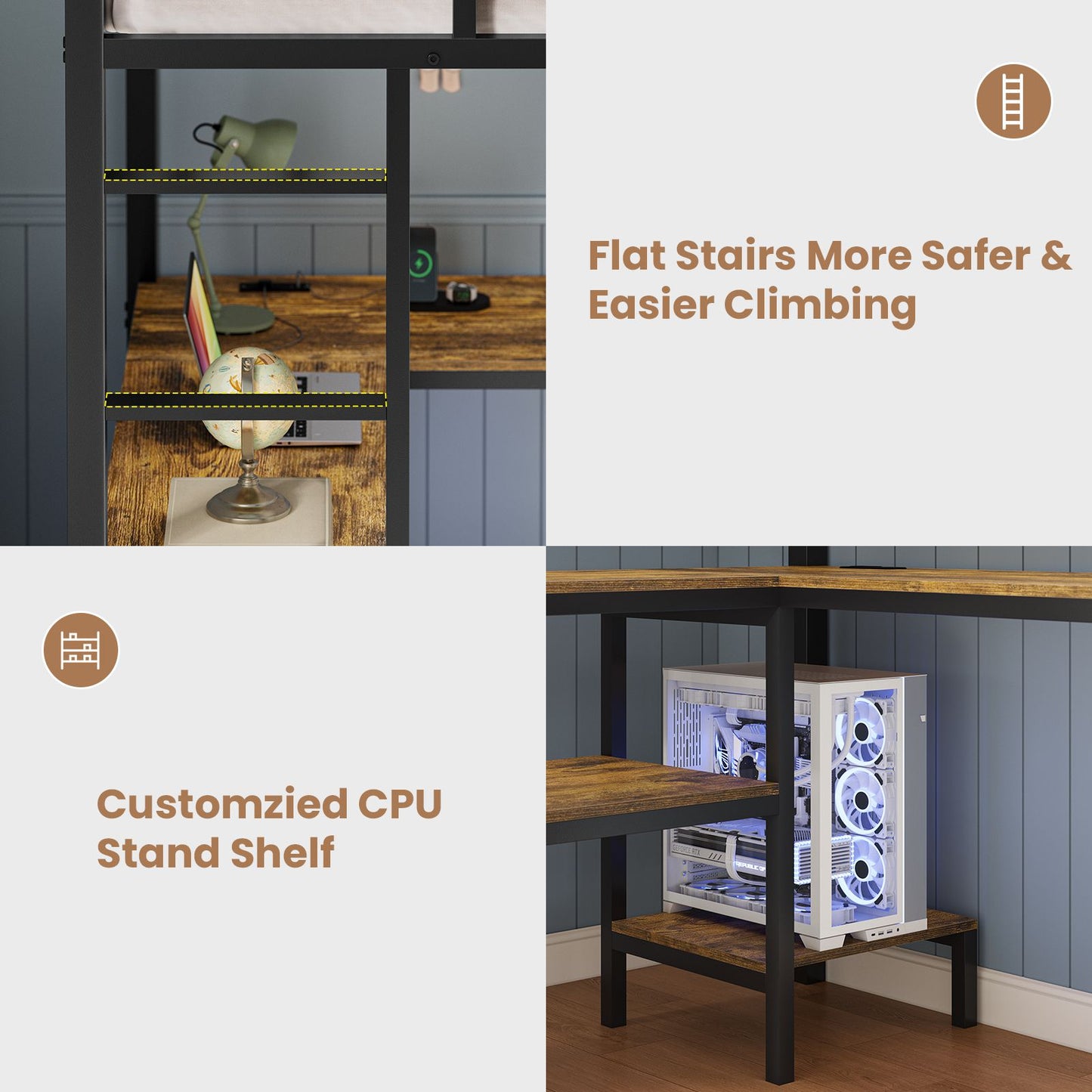 ADORNEVE Loft Bed Full Size with L-Shaped Desk and 3 Storage Drawers 3 Storage Shelves Metal LED Loft Bed Frame with Safety Guardrail Ladders and  Power Outlet