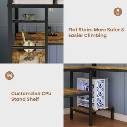ADORNEVE Loft Bed Full Size with L-Shaped Desk and 3 Storage Drawers 3 Storage Shelves Metal LED Loft Bed Frame with Safety Guardrail Ladders and  Power Outlet