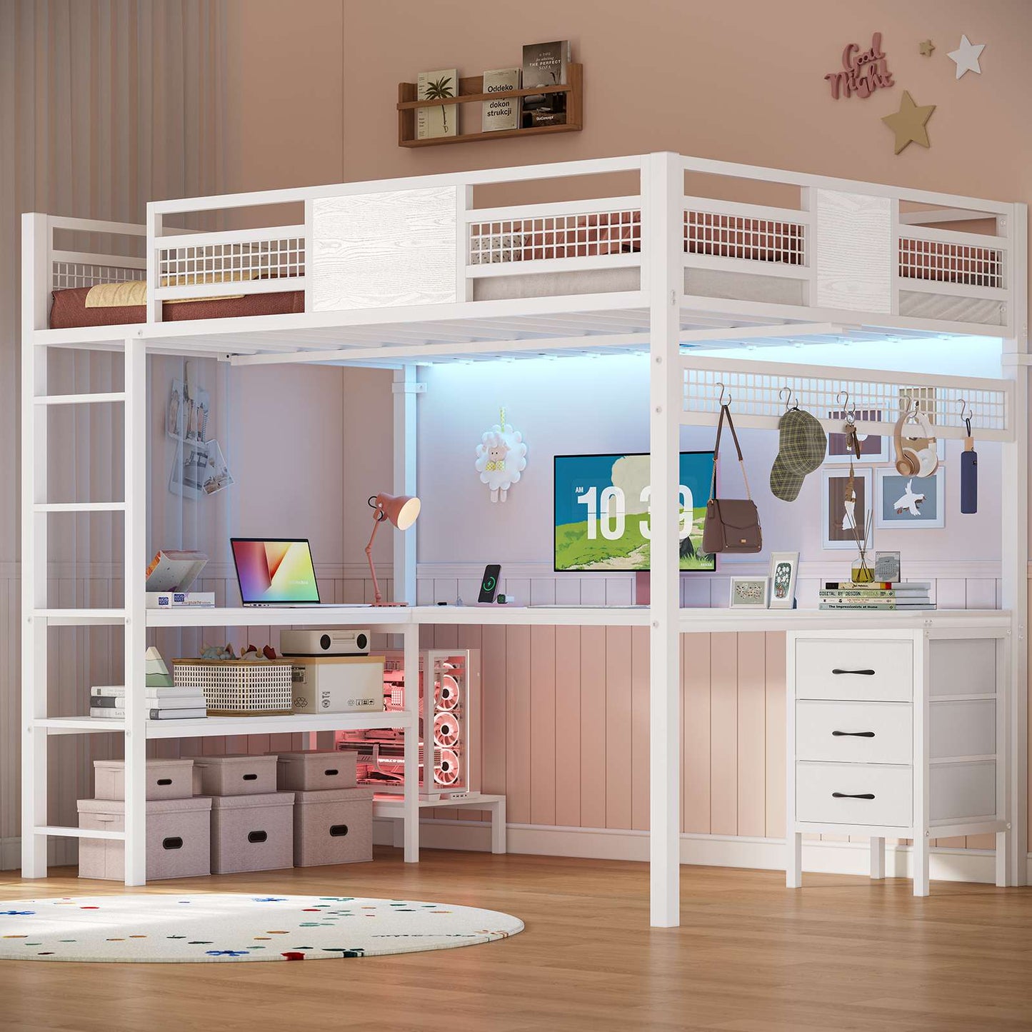 ADORNEVE Loft Bed Full Size with L-Shaped Desk and 3 Storage Drawers 3 Storage Shelves Metal LED Loft Bed Frame with Safety Guardrail Ladders and  Power Outlet