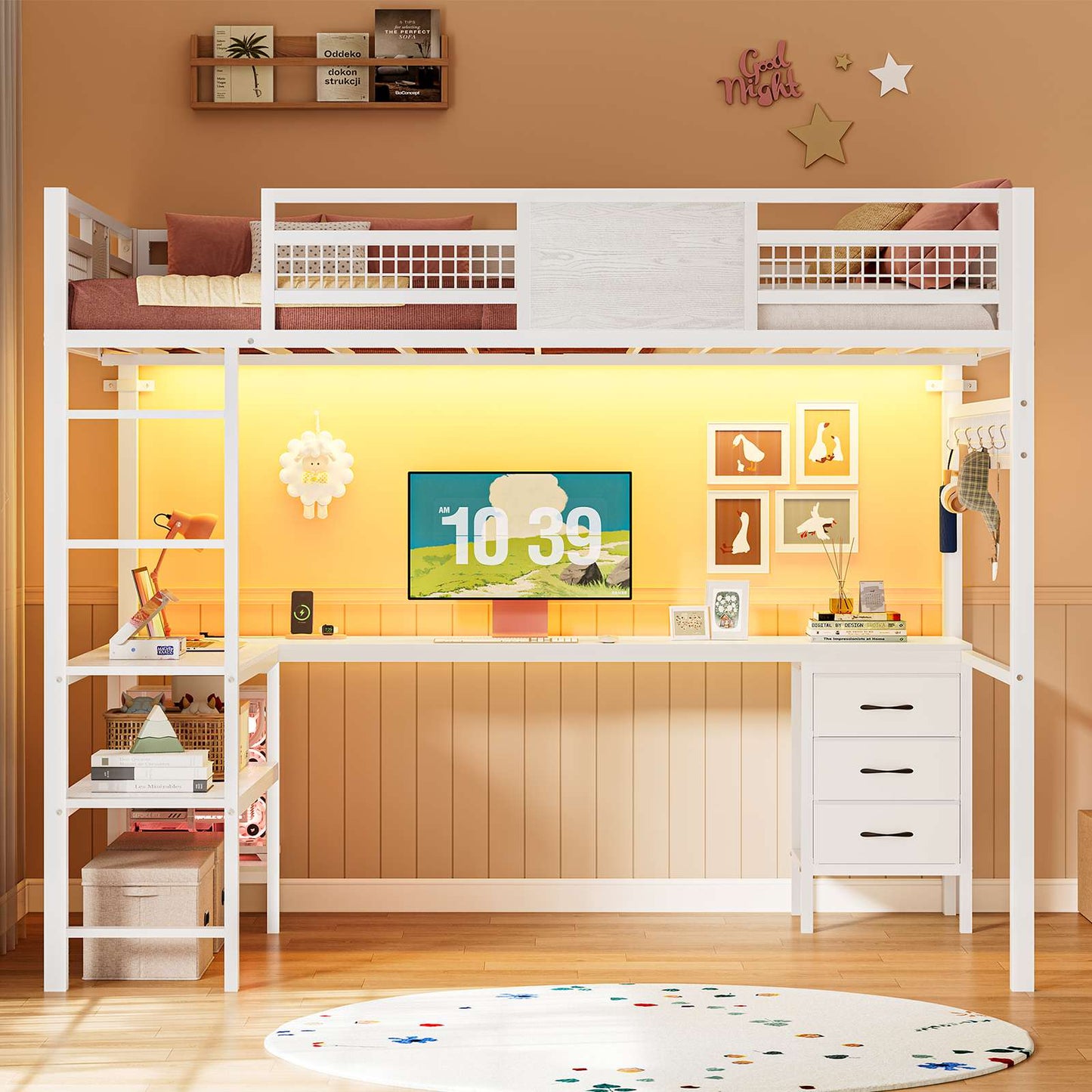 ADORNEVE Loft Bed Full Size with L-Shaped Desk and 3 Storage Drawers 3 Storage Shelves Metal LED Loft Bed Frame with Safety Guardrail Ladders and  Power Outlet