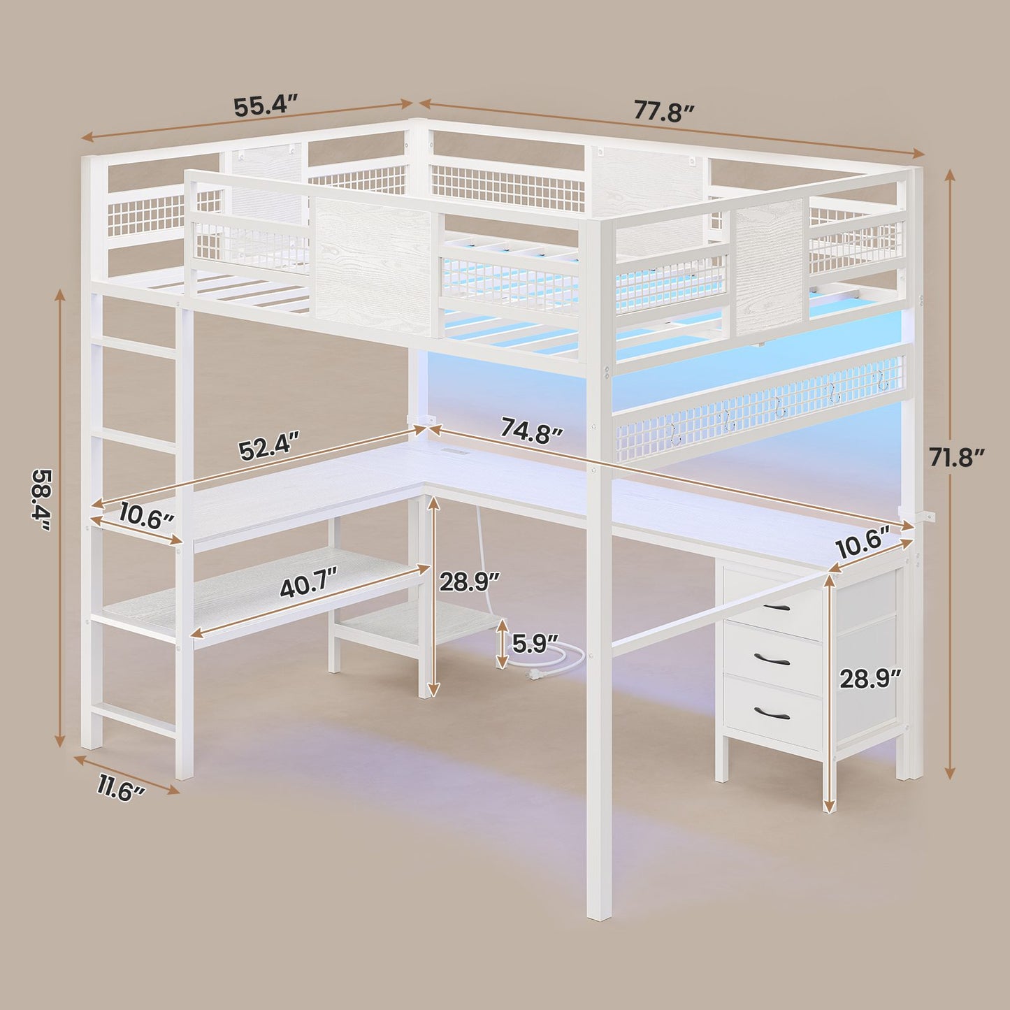 ADORNEVE Loft Bed Full Size with L-Shaped Desk and 3 Storage Drawers 3 Storage Shelves Metal LED Loft Bed Frame with Safety Guardrail Ladders and  Power Outlet