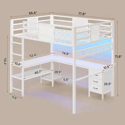 ADORNEVE Loft Bed Full Size with L-Shaped Desk and 3 Storage Drawers 3 Storage Shelves Metal LED Loft Bed Frame with Safety Guardrail Ladders and  Power Outlet