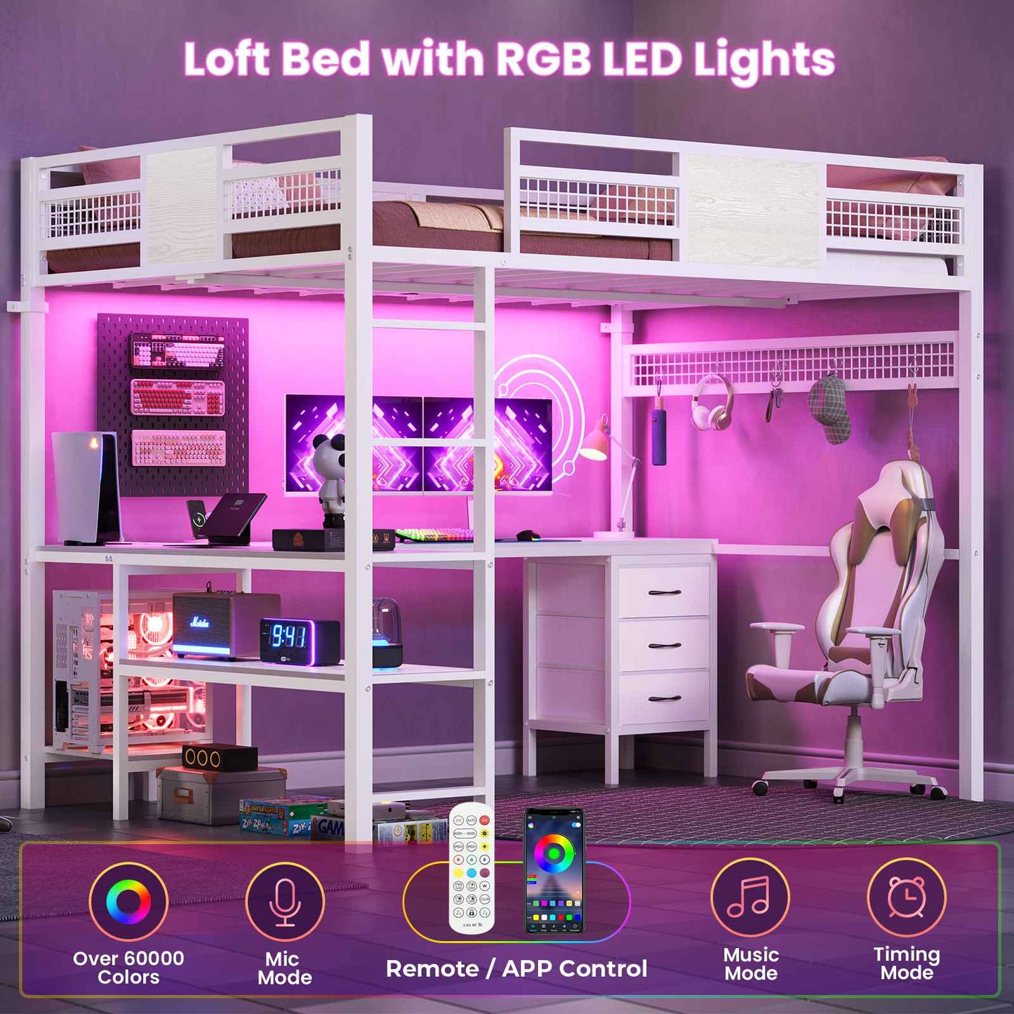 ADORNEVE Loft Bed Full Size with L-Shaped Desk and 3 Storage Drawers 3 Storage Shelves Metal LED Loft Bed Frame with Safety Guardrail Ladders and  Power Outlet