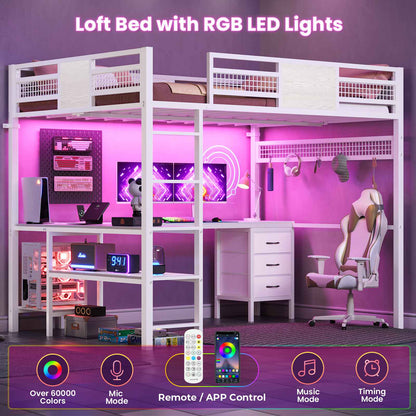 ADORNEVE Loft Bed Full Size with L-Shaped Desk and 3 Storage Drawers 3 Storage Shelves Metal LED Loft Bed Frame with Safety Guardrail Ladders and  Power Outlet