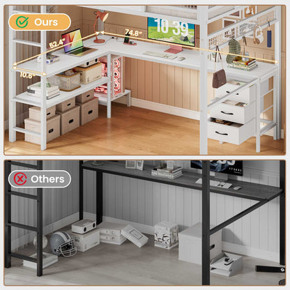 ADORNEVE Loft Bed Full Size with L-Shaped Desk and 3 Storage Drawers 3 Storage Shelves Metal LED Loft Bed Frame with Safety Guardrail Ladders and  Power Outlet