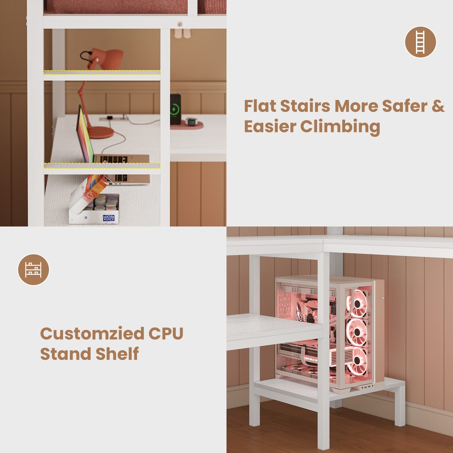 ADORNEVE Loft Bed Full Size with L-Shaped Desk and 3 Storage Drawers 3 Storage Shelves Metal LED Loft Bed Frame with Safety Guardrail Ladders and  Power Outlet