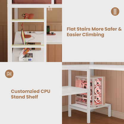 ADORNEVE Loft Bed Full Size with L-Shaped Desk and 3 Storage Drawers 3 Storage Shelves Metal LED Loft Bed Frame with Safety Guardrail Ladders and  Power Outlet