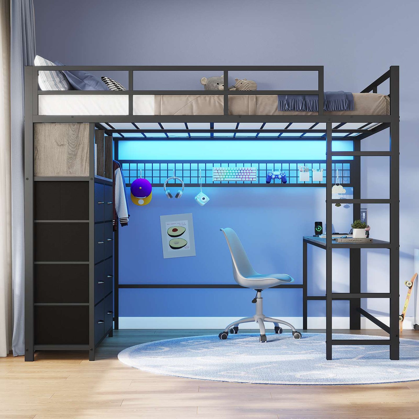ADORNEVE Loft Bed Full Size with Desk and 8 Storage Drawers LED Metal Loft Bed with Power Outlet and 2 Shelves Clothing Rack Bed with Safety Guardrail Ladder