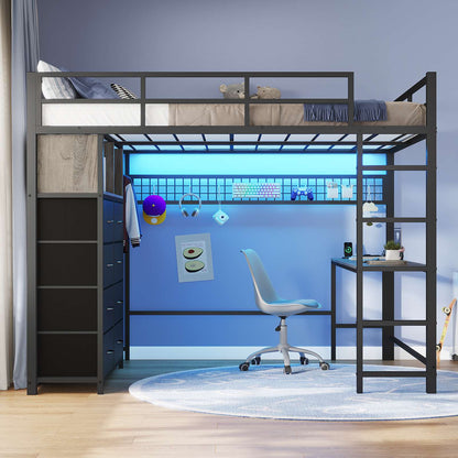ADORNEVE Loft Bed Full Size with Desk and 8 Storage Drawers LED Metal Loft Bed with Power Outlet and 2 Shelves Clothing Rack Bed with Safety Guardrail Ladder