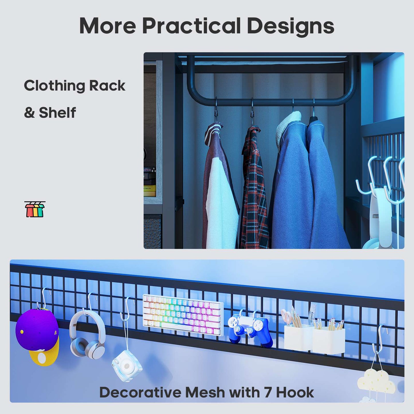 ADORNEVE Loft Bed Full Size with Desk and 8 Storage Drawers LED Metal Loft Bed with Power Outlet and 2 Shelves Clothing Rack Bed with Safety Guardrail Ladder