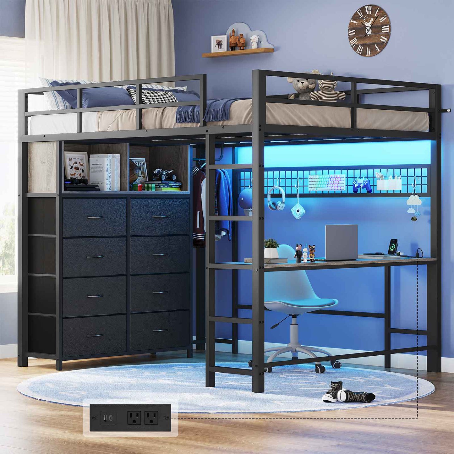 ADORNEVE Loft Bed Full Size with Desk and 8 Storage Drawers LED Metal Loft Bed with Power Outlet and 2 Shelves Clothing Rack Bed with Safety Guardrail Ladder