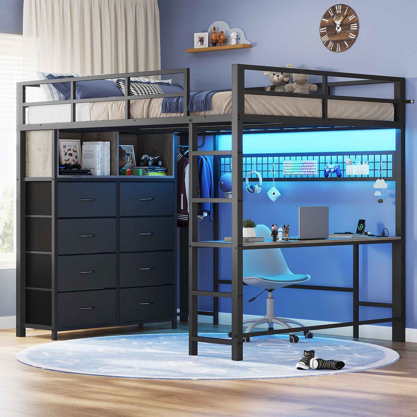 ADORNEVE Loft Bed Full Size with Desk and 8 Storage Drawers LED Metal Loft Bed with Power Outlet and 2 Shelves Clothing Rack Bed with Safety Guardrail Ladder