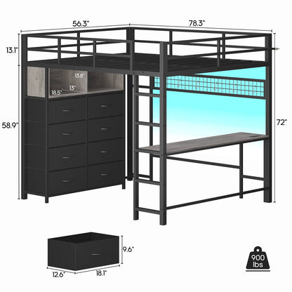 ADORNEVE Loft Bed Full Size with Desk and 8 Storage Drawers LED Metal Loft Bed with Power Outlet and 2 Shelves Clothing Rack Bed with Safety Guardrail Ladder