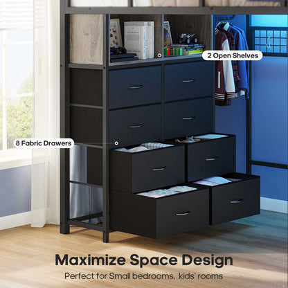 ADORNEVE Loft Bed Full Size with Desk and 8 Storage Drawers LED Metal Loft Bed with Power Outlet and 2 Shelves Clothing Rack Bed with Safety Guardrail Ladder