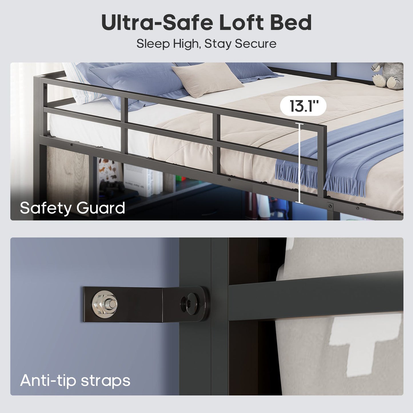 ADORNEVE Loft Bed Full Size with Desk and 8 Storage Drawers LED Metal Loft Bed with Power Outlet and 2 Shelves Clothing Rack Bed with Safety Guardrail Ladder