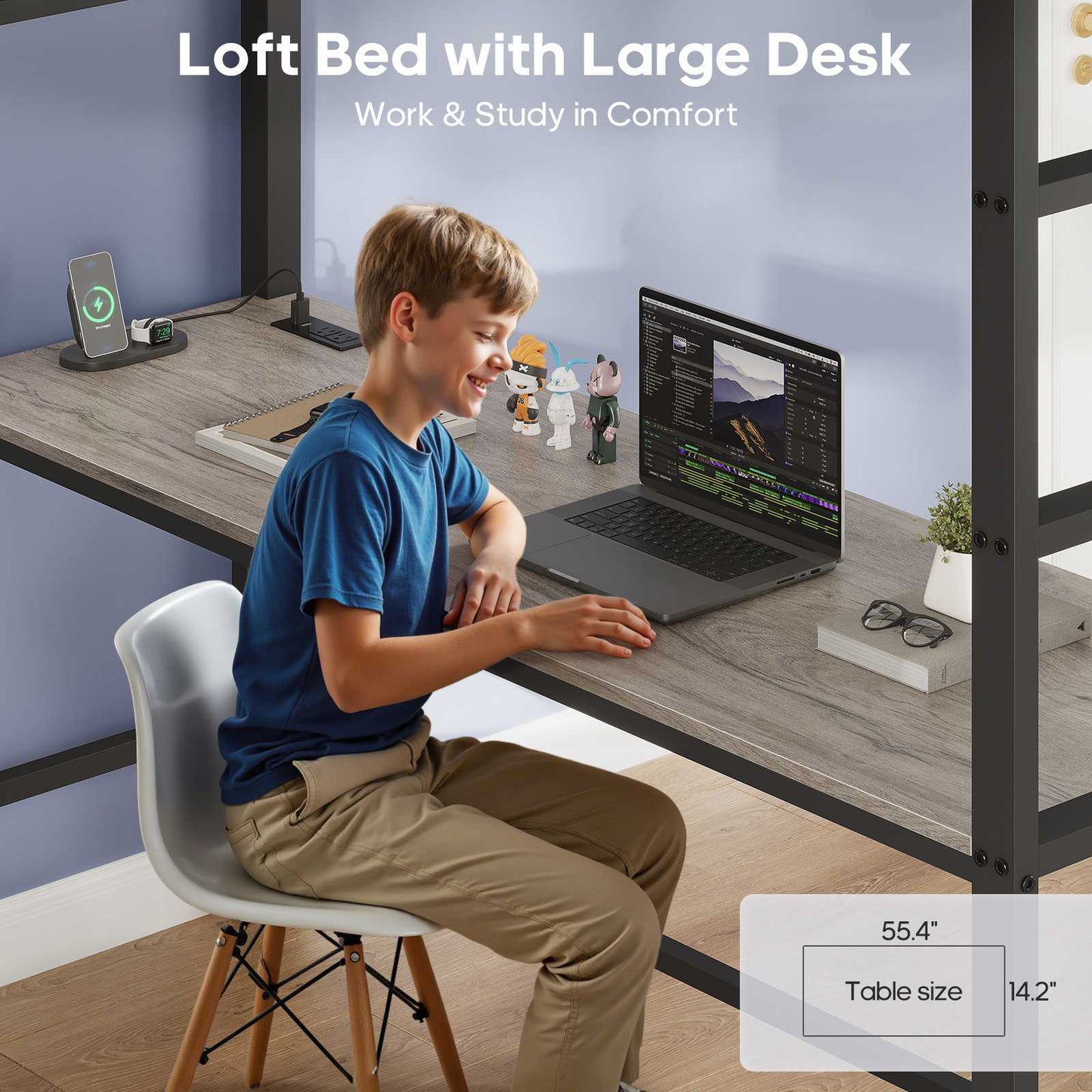 ADORNEVE Loft Bed Full Size with Desk and 8 Storage Drawers LED Metal Loft Bed with Power Outlet and 2 Shelves Clothing Rack Bed with Safety Guardrail Ladder
