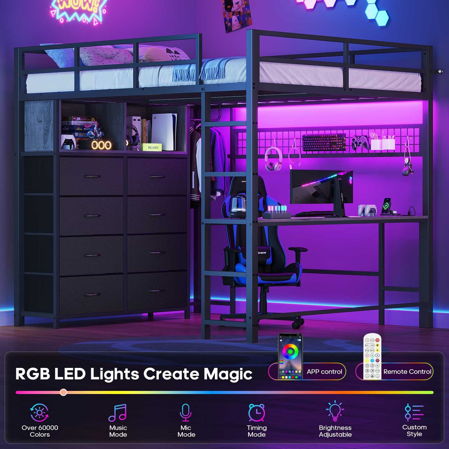 ADORNEVE Loft Bed Full Size with Desk and 8 Storage Drawers LED Metal Loft Bed with Power Outlet and 2 Shelves Clothing Rack Bed with Safety Guardrail Ladder