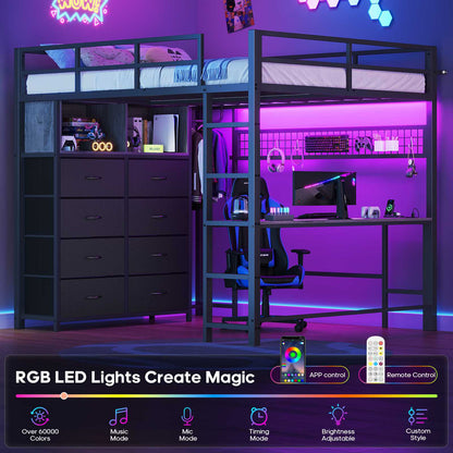 ADORNEVE Loft Bed Full Size with Desk and 8 Storage Drawers LED Metal Loft Bed with Power Outlet and 2 Shelves Clothing Rack Bed with Safety Guardrail Ladder