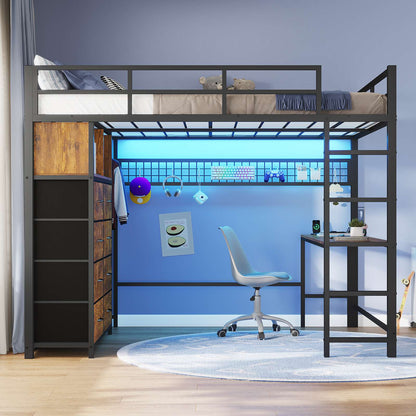 ADORNEVE Loft Bed Full Size with Desk and 8 Storage Drawers LED Metal Loft Bed with Power Outlet and 2 Shelves Clothing Rack Bed with Safety Guardrail Ladder