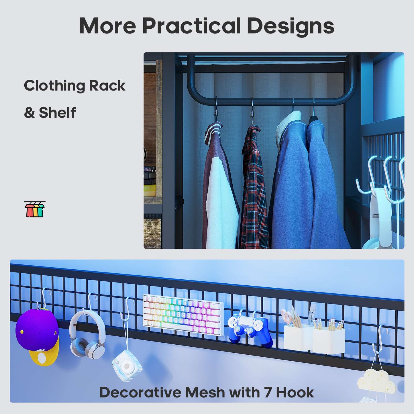 ADORNEVE Loft Bed Full Size with Desk and 8 Storage Drawers LED Metal Loft Bed with Power Outlet and 2 Shelves Clothing Rack Bed with Safety Guardrail Ladder
