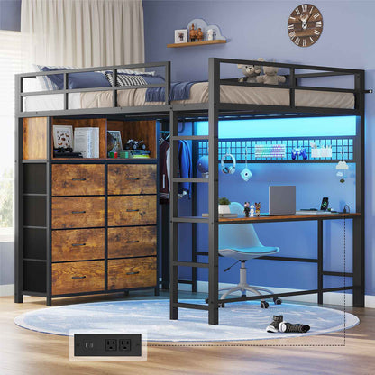 ADORNEVE Loft Bed Full Size with Desk and 8 Storage Drawers LED Metal Loft Bed with Power Outlet and 2 Shelves Clothing Rack Bed with Safety Guardrail Ladder