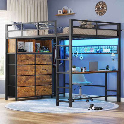 ADORNEVE Loft Bed Full Size with Desk and 8 Storage Drawers LED Metal Loft Bed with Power Outlet and 2 Shelves Clothing Rack Bed with Safety Guardrail Ladder