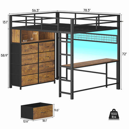ADORNEVE Loft Bed Full Size with Desk and 8 Storage Drawers LED Metal Loft Bed with Power Outlet and 2 Shelves Clothing Rack Bed with Safety Guardrail Ladder